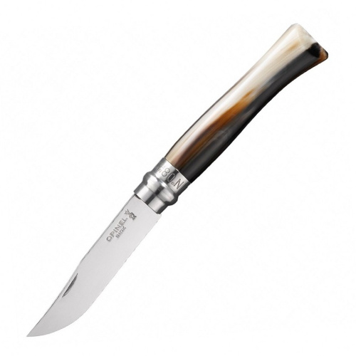 Нож Opinel №8, нержавеющая сталь, полированный клинок, рукоять светлый рог буйвола, дерев футляр, 000980 фото 4